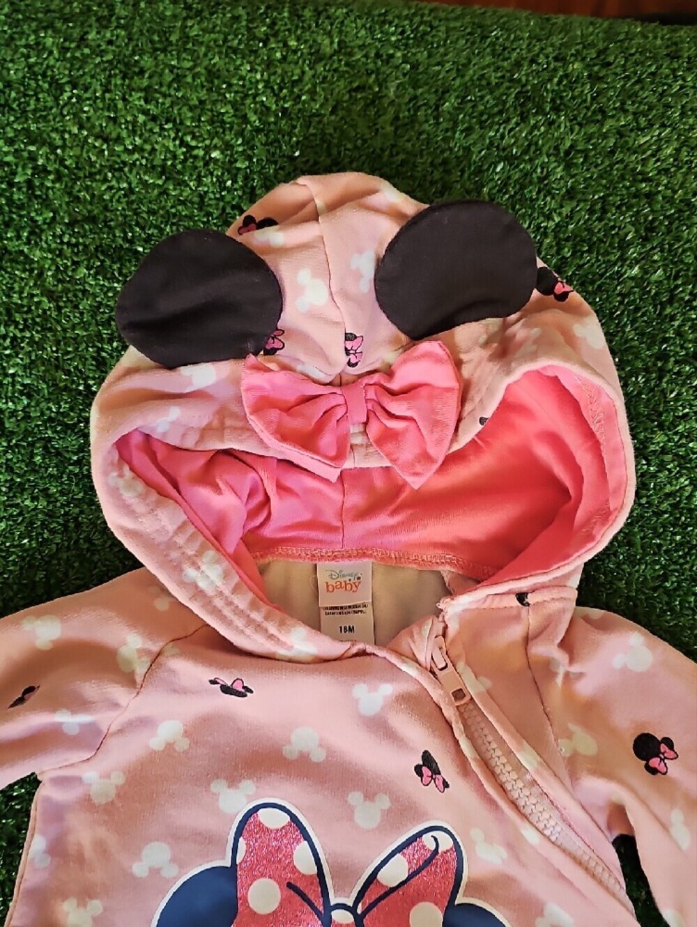 Disney Pink Minnie Mouse Hooded One-Piece with Ears And Pink Bow - Picture 3 of 6